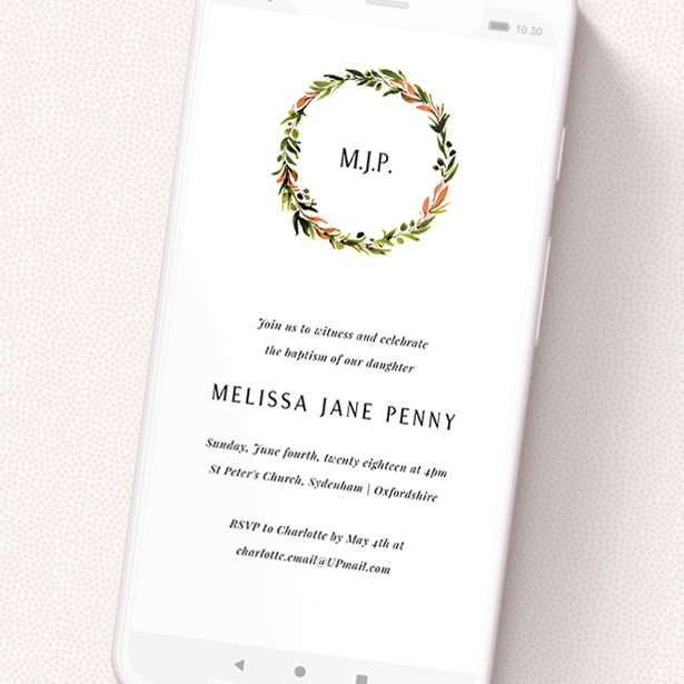 A text message christening invite called 'Monogram Wreath'. It is a smartphone screen sized invite in a portrait orientation. 'Monogram Wreath' is available as a flat invite, with tones of white and green.