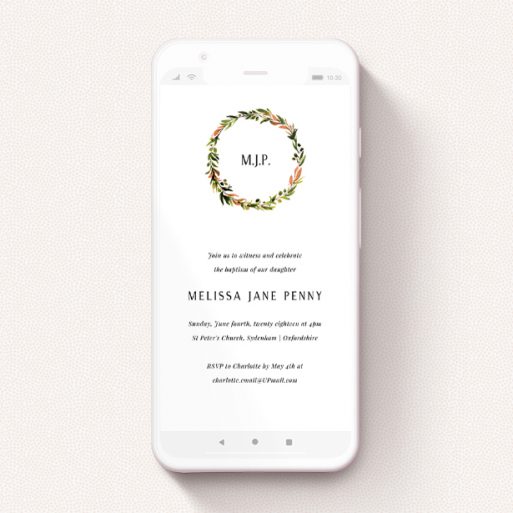 A text message christening invite called "Monogram Wreath". It is a smartphone screen sized invite in a portrait orientation. "Monogram Wreath" is available as a flat invite, with tones of white and green.