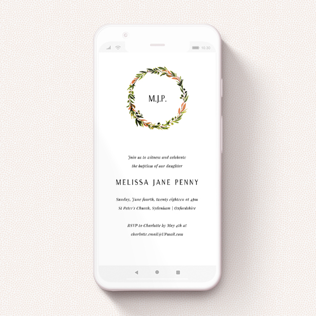 A text message christening invite called "Monogram Wreath". It is a smartphone screen sized invite in a portrait orientation. "Monogram Wreath" is available as a flat invite, with tones of white and green.