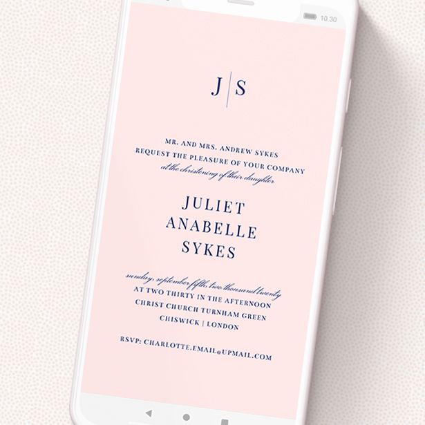 A text message christening invite design named 'Monogramed Pink'. It is a smartphone screen sized invite in a portrait orientation. 'Monogramed Pink' is available as a flat invite, with mainly pink colouring.