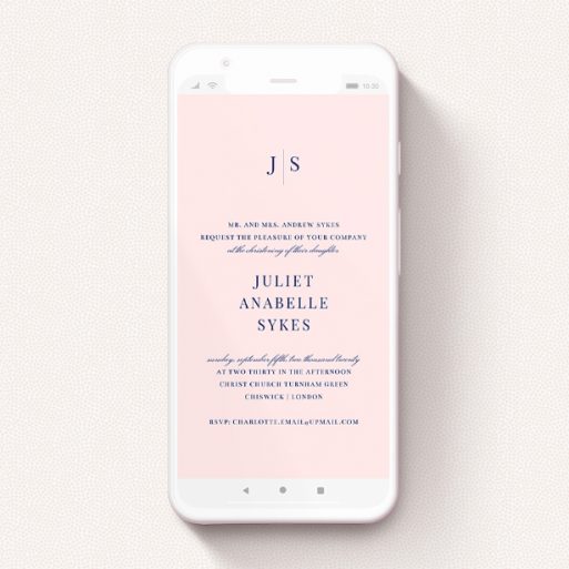 A text message christening invite design named "Monogramed Pink". It is a smartphone screen sized invite in a portrait orientation. "Monogramed Pink" is available as a flat invite, with mainly pink colouring.