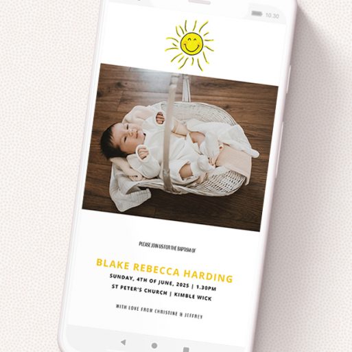 A text message christening invite called 'Smiling Sun'. It is a smartphone screen sized invite in a portrait orientation. It is a photographic text message christening invite with room for 1 photo. 'Smiling Sun' is available as a flat invite, with tones of white and yellow.