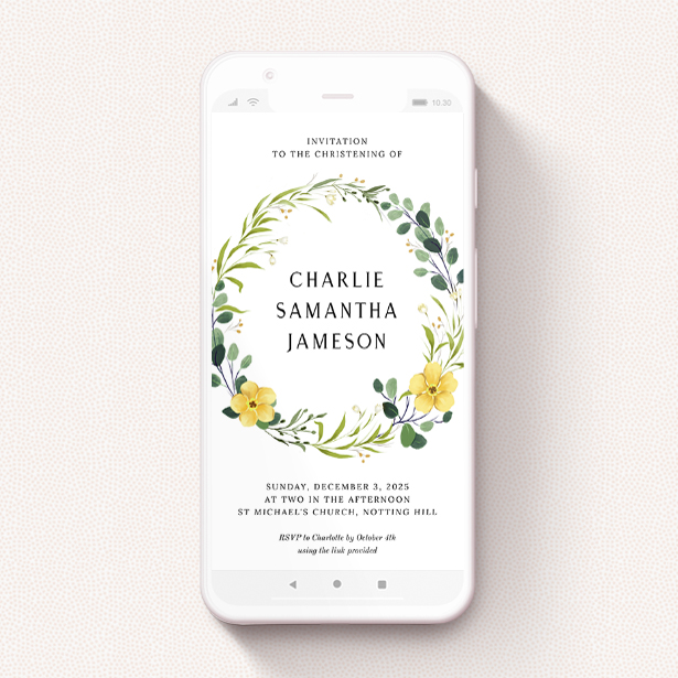 A text message christening invite design named "Spring Wreath". It is a smartphone screen sized invite in a portrait orientation. "Spring Wreath" is available as a flat invite, with tones of light green, dark green and yellow.