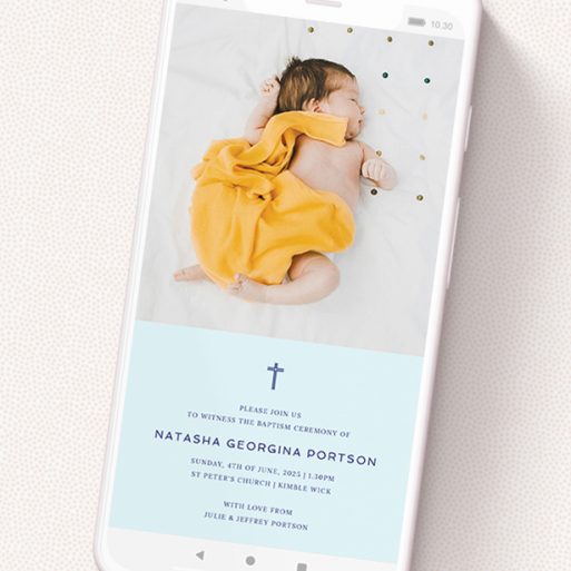 A text message christening invite design named 'Thin Blue Cross'. It is a smartphone screen sized invite in a portrait orientation. It is a photographic text message christening invite with room for 1 photo. 'Thin Blue Cross' is available as a flat invite, with mainly blue colouring.