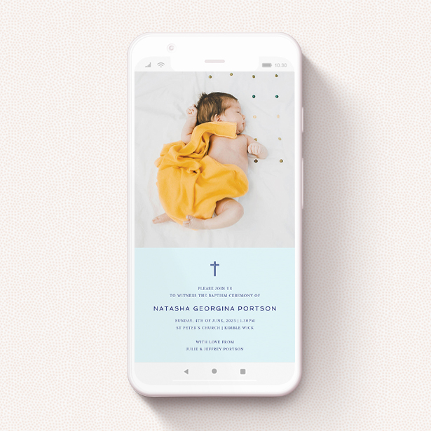 A text message christening invite design named "Thin Blue Cross". It is a smartphone screen sized invite in a portrait orientation. It is a photographic text message christening invite with room for 1 photo. "Thin Blue Cross" is available as a flat invite, with mainly blue colouring.