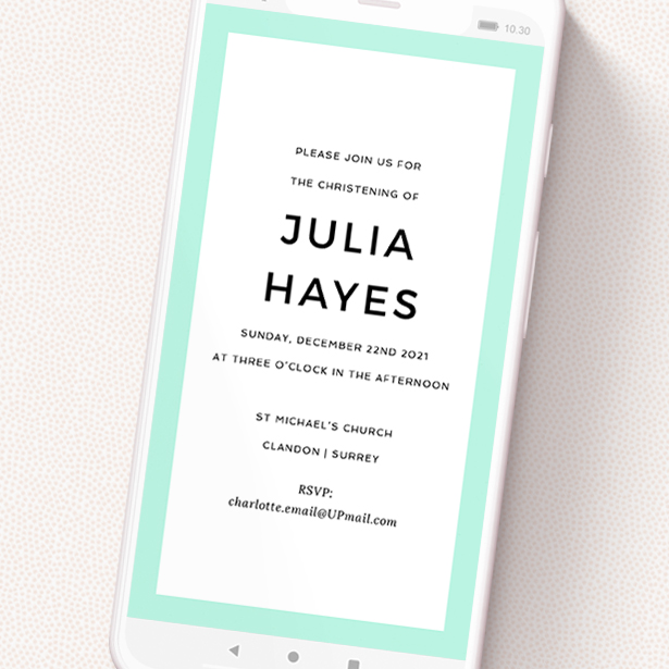 A text message christening invite design titled 'Thin Mint Green'. It is a smartphone screen sized invite in a portrait orientation. 'Thin Mint Green' is available as a flat invite, with tones of green and white.