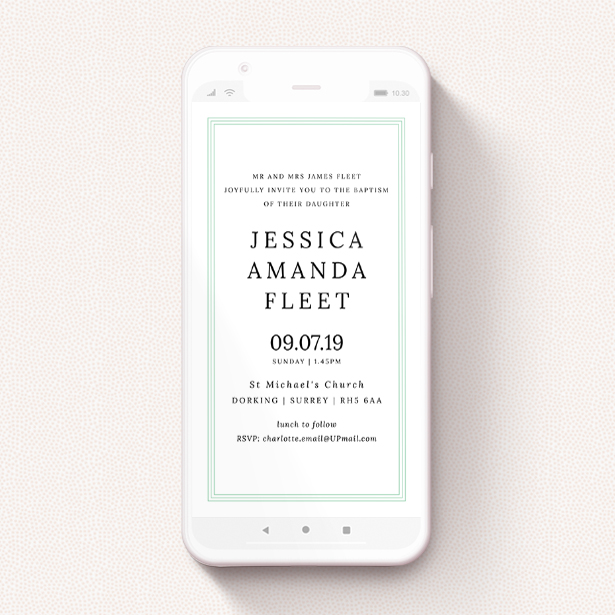 A text message christening invite design named "Three Green". It is a smartphone screen sized invite in a portrait orientation. "Three Green" is available as a flat invite, with tones of green and white.