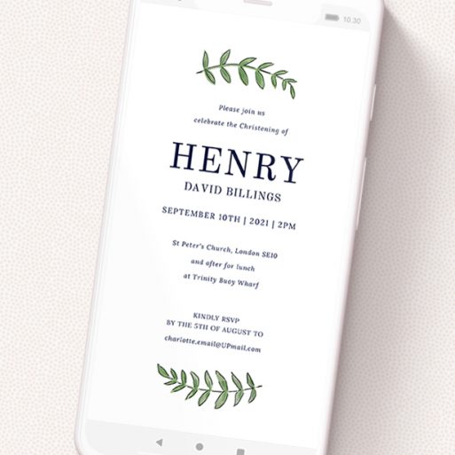 A text message christening invite design titled 'Top and Bottom Florals'. It is a smartphone screen sized invite in a portrait orientation. 'Top and Bottom Florals' is available as a flat invite, with tones of white and green.
