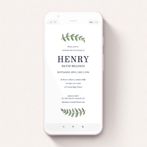 A text message christening invite design titled "Top and Bottom Florals". It is a smartphone screen sized invite in a portrait orientation. "Top and Bottom Florals" is available as a flat invite, with tones of white and green.