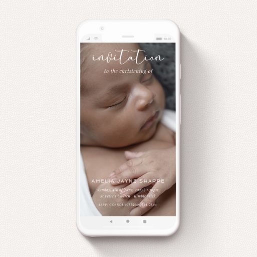 A text message christening invite called "Type Mix". It is a smartphone screen sized invite in a portrait orientation. It is a photographic text message christening invite with room for 1 photo. "Type Mix" is available as a flat invite, with mainly white colouring.