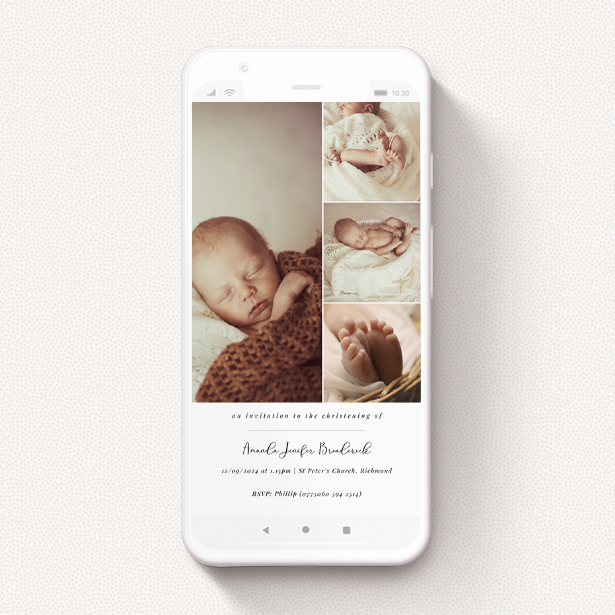 A text message christening invite called "Underlined". It is a smartphone screen sized invite in a portrait orientation. It is a photographic text message christening invite with room for 4 photos. "Underlined" is available as a flat invite, with mainly white colouring.