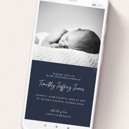 A text message christening invite design named 'White on Blue'. It is a smartphone screen sized invite in a portrait orientation. It is a photographic text message christening invite with room for 1 photo. 'White on Blue' is available as a flat invite, with tones of blue and white.