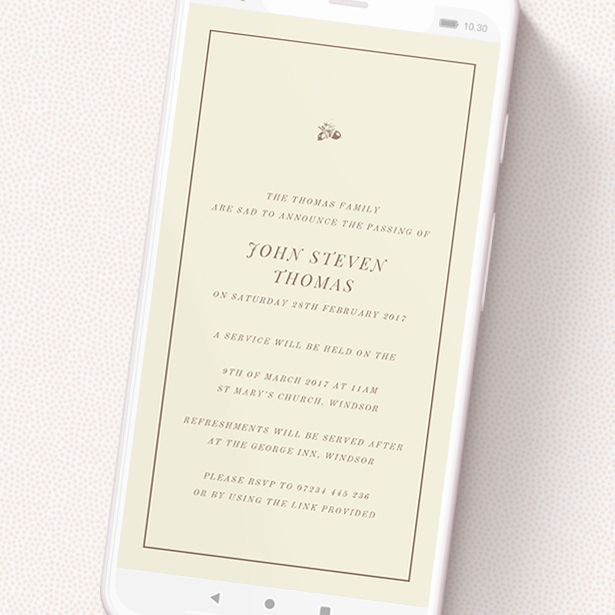 A text message funeral announcement named 'Acorns'. It is a smartphone screen sized announcement in a portrait orientation. 'Acorns' is available as a flat announcement, with mainly cream colouring.