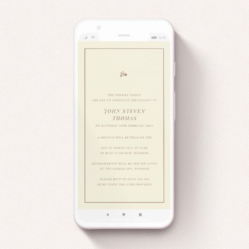 A text message funeral announcement named "Acorns". It is a smartphone screen sized announcement in a portrait orientation. "Acorns" is available as a flat announcement, with mainly cream colouring.