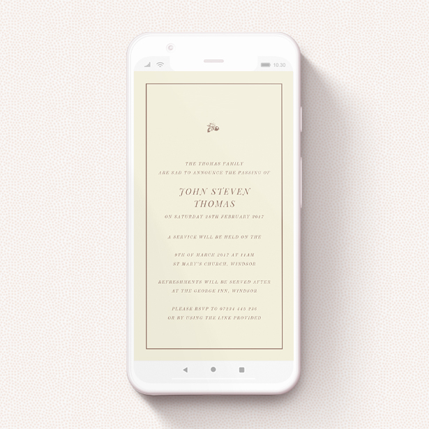 A text message funeral announcement named "Acorns". It is a smartphone screen sized announcement in a portrait orientation. "Acorns" is available as a flat announcement, with mainly cream colouring.