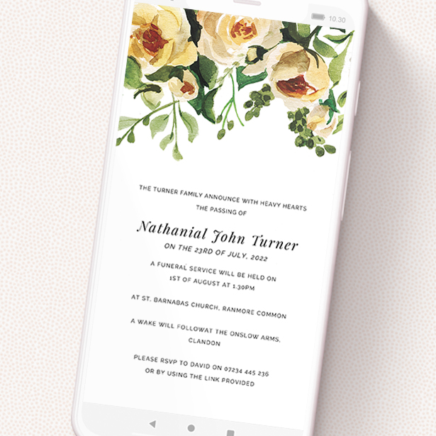 A text message funeral announcement design named 'At the Top'. It is a smartphone screen sized announcement in a portrait orientation. 'At the Top' is available as a flat announcement, with mainly pink colouring.