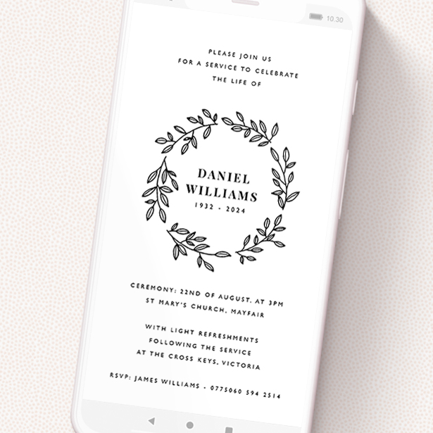A text message funeral announcement design named 'Black Outline Wreath'. It is a smartphone screen sized announcement in a portrait orientation. 'Black Outline Wreath' is available as a flat announcement, with tones of black and white.