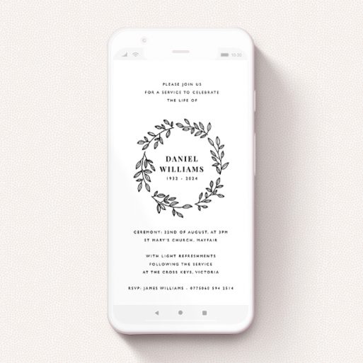 A text message funeral announcement design named "Black Outline Wreath". It is a smartphone screen sized announcement in a portrait orientation. "Black Outline Wreath" is available as a flat announcement, with tones of black and white.