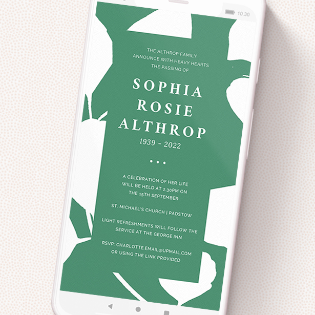A text message funeral announcement design named 'Bold Green'. It is a smartphone screen sized announcement in a portrait orientation. 'Bold Green' is available as a flat announcement, with tones of green and white.