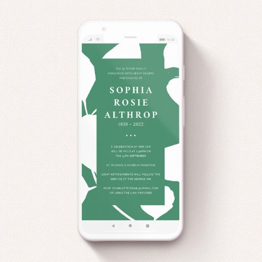 A text message funeral announcement design named "Bold Green". It is a smartphone screen sized announcement in a portrait orientation. "Bold Green" is available as a flat announcement, with tones of green and white.
