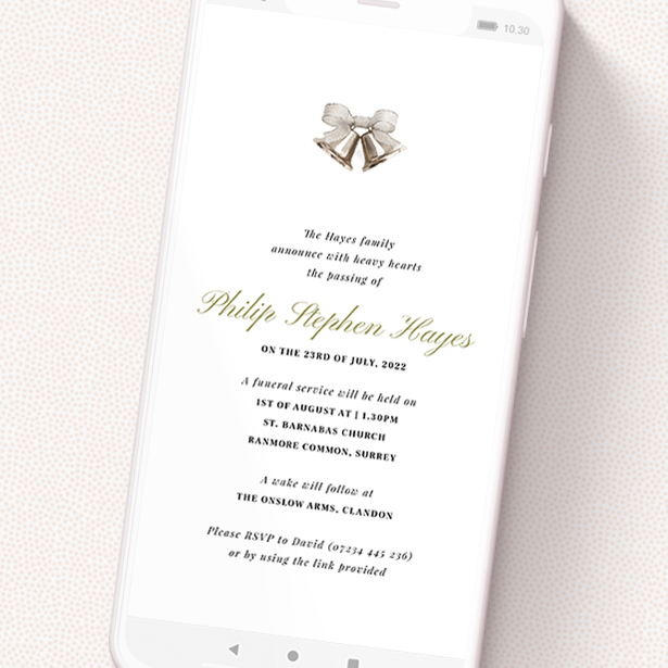A text message funeral announcement design named 'Church Bells Acrylic'. It is a smartphone screen sized announcement in a portrait orientation. 'Church Bells Acrylic' is available as a flat announcement, with tones of white and gold.