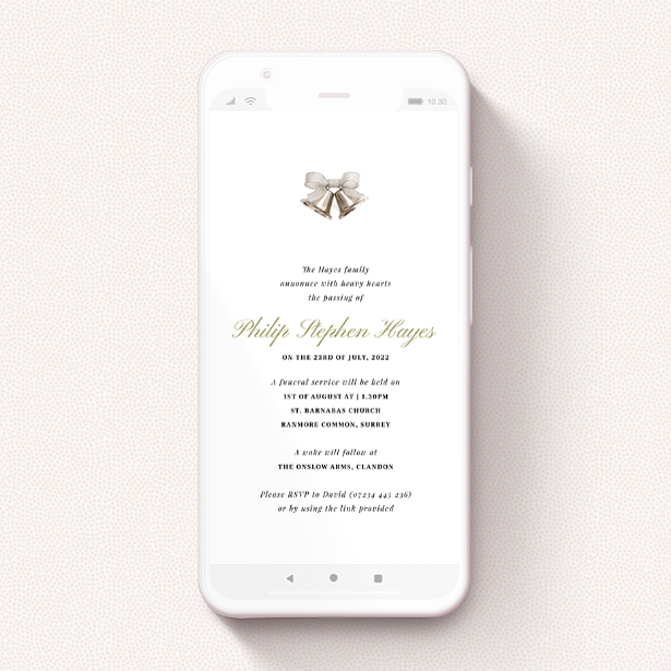 A text message funeral announcement design named "Church Bells Acrylic". It is a smartphone screen sized announcement in a portrait orientation. "Church Bells Acrylic" is available as a flat announcement, with tones of white and gold.