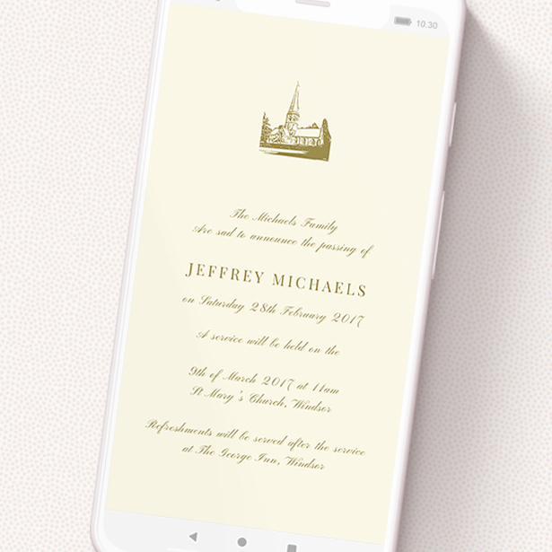 A text message funeral announcement design named 'Church Stamp'. It is a smartphone screen sized announcement in a portrait orientation. 'Church Stamp' is available as a flat announcement, with tones of cream and gold.