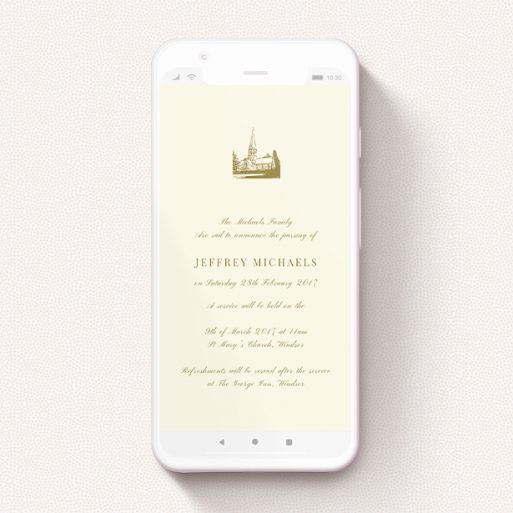 A text message funeral announcement design named "Church Stamp". It is a smartphone screen sized announcement in a portrait orientation. "Church Stamp" is available as a flat announcement, with tones of cream and gold.