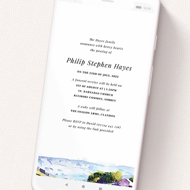 A text message funeral announcement named 'Countryside'. It is a smartphone screen sized announcement in a portrait orientation. 'Countryside' is available as a flat announcement, with tones of white and light blue.