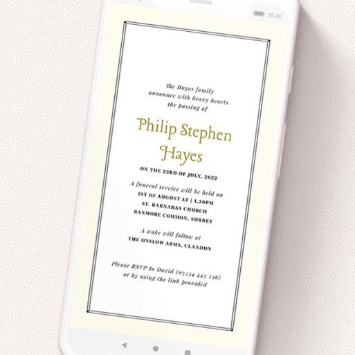 A text message funeral announcement design named 'Deco Cream'. It is a smartphone screen sized announcement in a portrait orientation. 'Deco Cream' is available as a flat announcement, with mainly cream colouring.