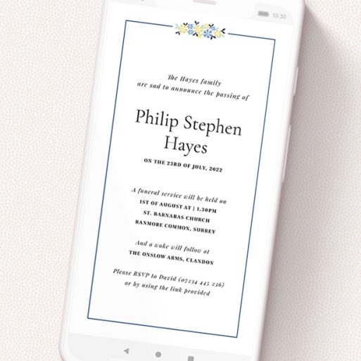 A text message funeral announcement named 'Flower Topper'. It is a smartphone screen sized announcement in a portrait orientation. 'Flower Topper' is available as a flat announcement, with tones of white and blue.