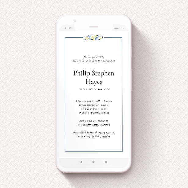 A text message funeral announcement named "Flower Topper". It is a smartphone screen sized announcement in a portrait orientation. "Flower Topper" is available as a flat announcement, with tones of white and blue.
