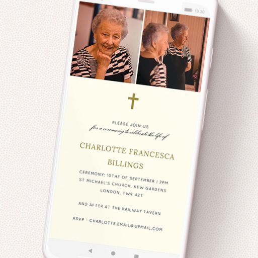 A text message funeral announcement design named 'Golden Frame'. It is a smartphone screen sized announcement in a portrait orientation. It is a photographic text message funeral announcement with room for 2 photos. 'Golden Frame' is available as a flat announcement, with tones of cream and gold.