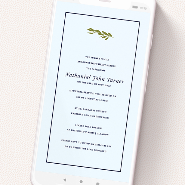 A text message funeral announcement named 'Green Olive Branch'. It is a smartphone screen sized announcement in a portrait orientation. 'Green Olive Branch' is available as a flat announcement, with mainly light blue colouring.