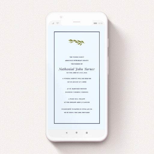 A text message funeral announcement named "Green Olive Branch". It is a smartphone screen sized announcement in a portrait orientation. "Green Olive Branch" is available as a flat announcement, with mainly light blue colouring.