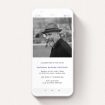 A text message funeral announcement named "Half and Half". It is a smartphone screen sized announcement in a portrait orientation. It is a photographic text message funeral announcement with room for 1 photo. "Half and Half" is available as a flat announcement, with tones of white and Navy blue.