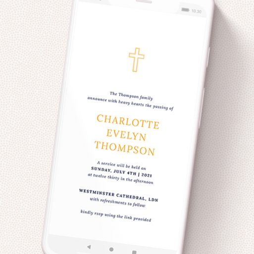 A text message funeral announcement named 'Outline Cross in Yellow'. It is a smartphone screen sized announcement in a portrait orientation. 'Outline Cross in Yellow' is available as a flat announcement, with tones of white and orange.