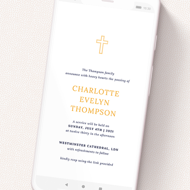 A text message funeral announcement named 'Outline Cross in Yellow'. It is a smartphone screen sized announcement in a portrait orientation. 'Outline Cross in Yellow' is available as a flat announcement, with tones of white and orange.