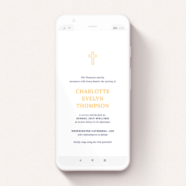 A text message funeral announcement named "Outline Cross in Yellow". It is a smartphone screen sized announcement in a portrait orientation. "Outline Cross in Yellow" is available as a flat announcement, with tones of white and orange.