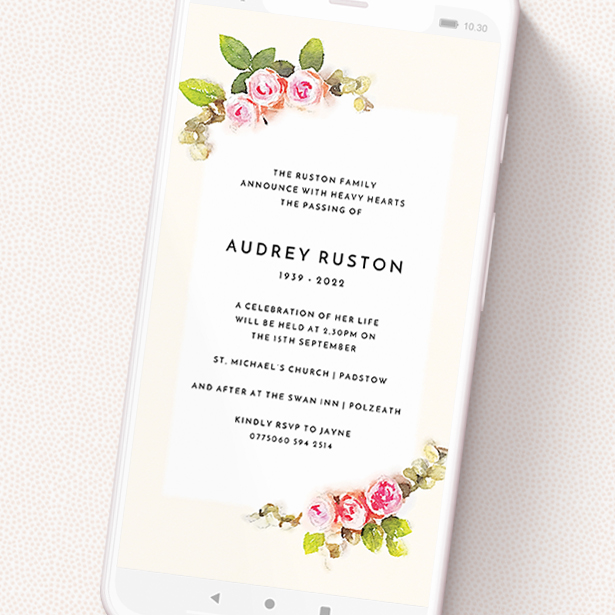 A text message funeral announcement named 'Rose Corners'. It is a smartphone screen sized announcement in a portrait orientation. 'Rose Corners' is available as a flat announcement, with tones of light pink and green.