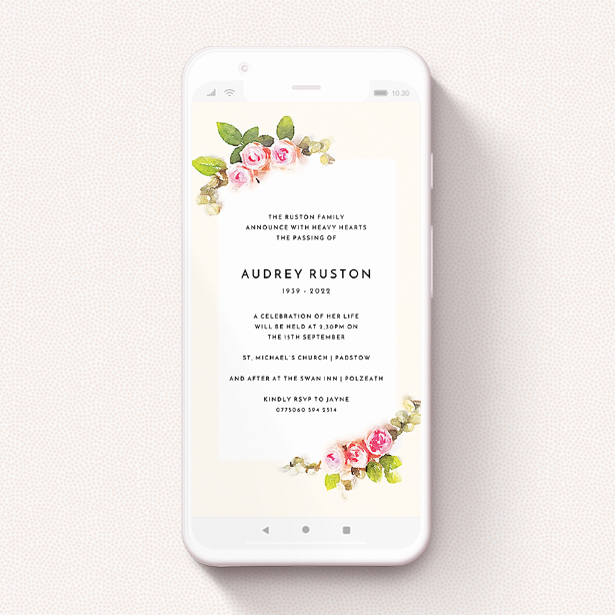 A text message funeral announcement named "Rose Corners". It is a smartphone screen sized announcement in a portrait orientation. "Rose Corners" is available as a flat announcement, with tones of light pink and green.
