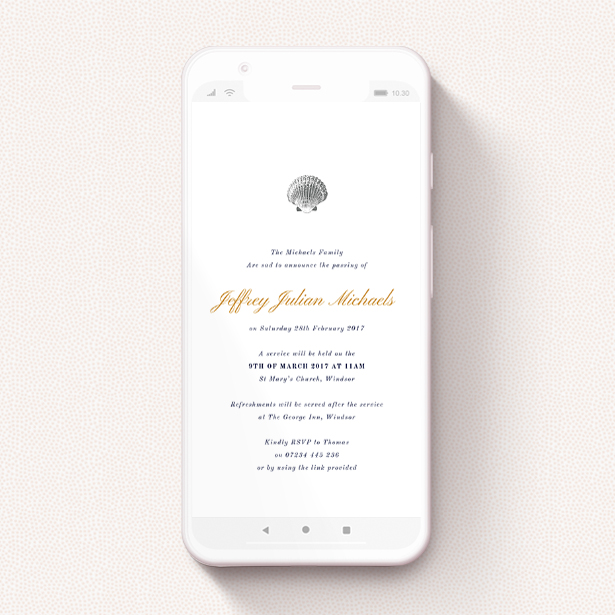 A text message funeral announcement design named "She Sells". It is a smartphone screen sized announcement in a portrait orientation. "She Sells" is available as a flat announcement, with tones of white and gold.