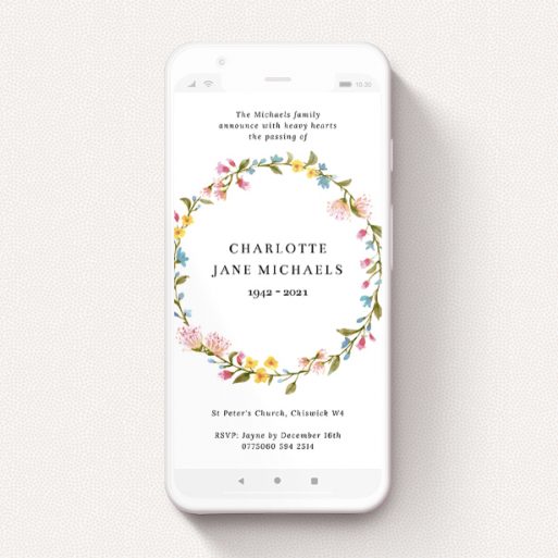 A text message funeral announcement named "Summer Sun". It is a smartphone screen sized announcement in a portrait orientation. "Summer Sun" is available as a flat announcement, with mainly pink colouring.