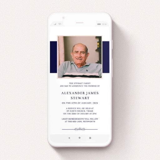A text message funeral announcement design named "Thick Blue Backing". It is a smartphone screen sized announcement in a portrait orientation. It is a photographic text message funeral announcement with room for 1 photo. "Thick Blue Backing" is available as a flat announcement, with tones of blue and white.