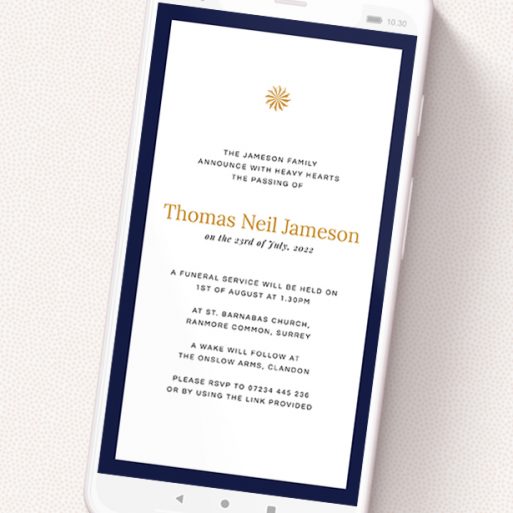 A text message funeral announcement design named 'Thick Blue'. It is a smartphone screen sized announcement in a portrait orientation. 'Thick Blue' is available as a flat announcement, with tones of navy blue and white.
