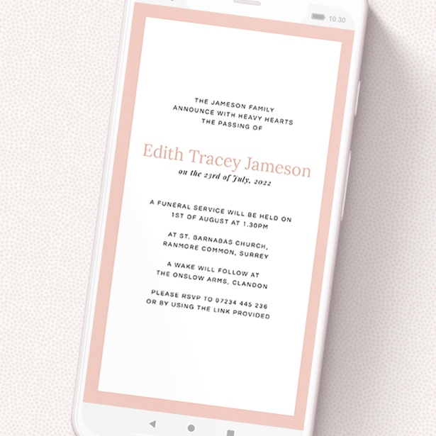 A text message funeral announcement design named 'Thick Pink'. It is a smartphone screen sized announcement in a portrait orientation. 'Thick Pink' is available as a flat announcement, with tones of pink and white.