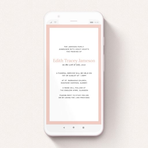 A text message funeral announcement design named "Thick Pink". It is a smartphone screen sized announcement in a portrait orientation. "Thick Pink" is available as a flat announcement, with tones of pink and white.