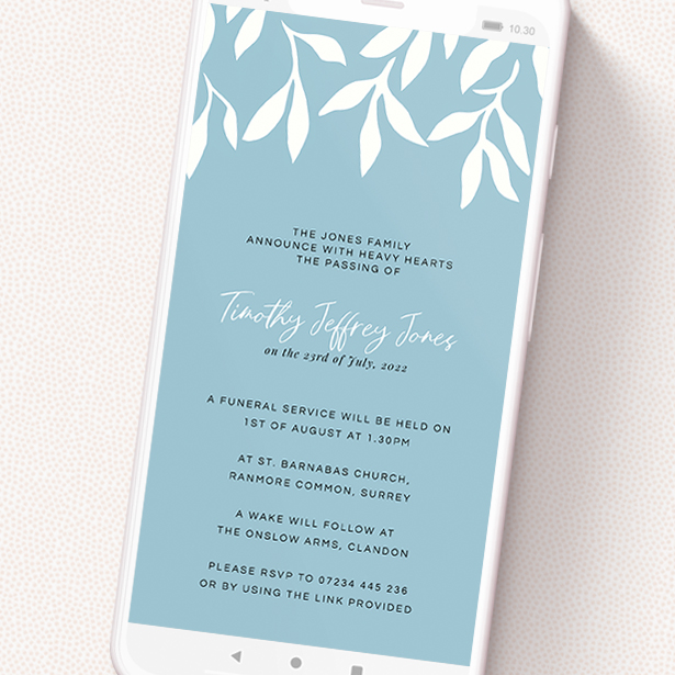 A text message funeral announcement named 'White Ivy'. It is a smartphone screen sized announcement in a portrait orientation. 'White Ivy' is available as a flat announcement, with tones of blue and white.
