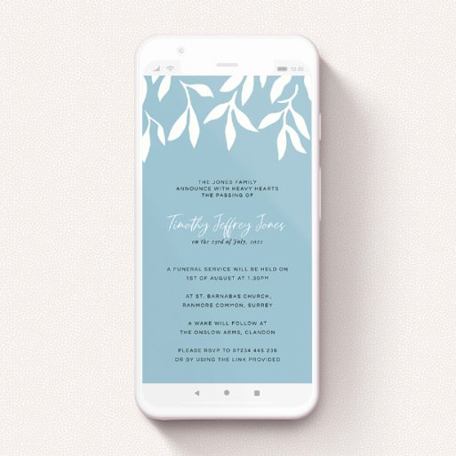 A text message funeral announcement named "White Ivy". It is a smartphone screen sized announcement in a portrait orientation. "White Ivy" is available as a flat announcement, with tones of blue and white.