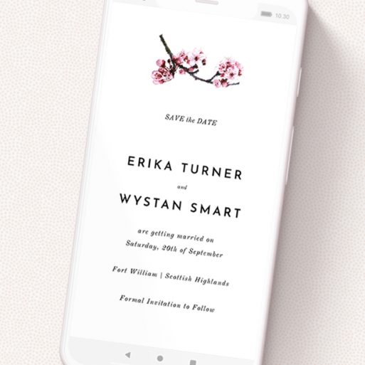 A text message save the date called 'A side of Blossom '. It is a smartphone screen sized save the date in a portrait orientation. 'A side of Blossom ' is available as a flat save the date, with tones of white and pink.